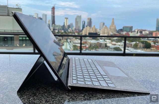 The Microsoft Surface Pro 8, photographed on a roof deck with the keyboard folio attached.