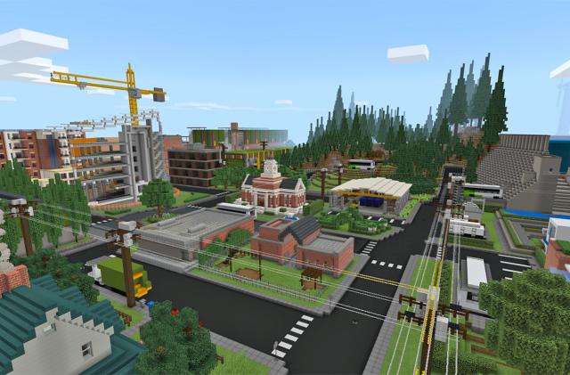 A downtown scene in Minecraft.
