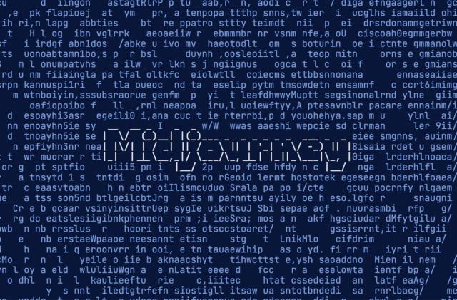 The Midjourney AI logo in ASCII characters surrounded by rows of miscellaneous letters. 