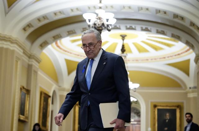 WASHINGTON, DC - OCTOBER 17: Senate Majority Leader Chuck Schumer (D-NY) arrives to speak to reporters following a closed-door lunch meeting with Senate Democrats at the U.S. Capitol October 17, 2023 in Washington, DC. Schumer spoke on a range of issues, including his recent Congressional delegation trip to Israel following the Hamas terrorist attacks. (Photo by Drew Angerer/Getty Images)