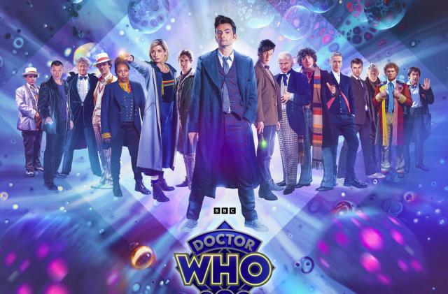 Promotional image for 'Doctor Who's 60th anniversary that, awfully and terribly, decided to put Sylvester McCoy on the furthest left rather than front and center, where he should be.