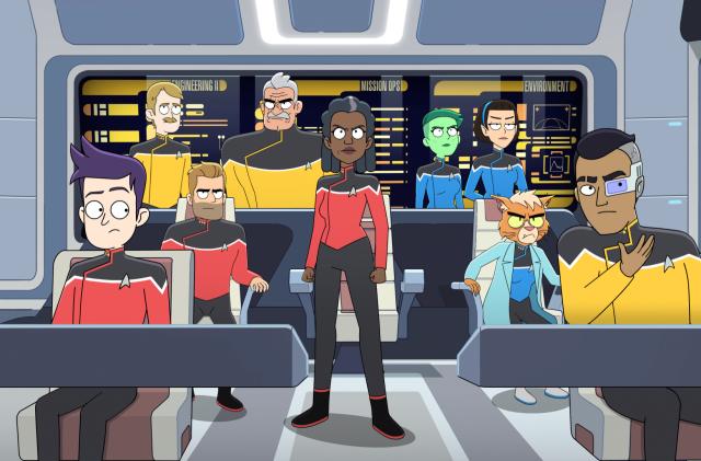 L-R Jack Quaid as Brad Boimler, Jerry OâConnell as Jack Ransom, Fred Tatasciore as Lieutenant Shaxs, Dawnn Lewis as Captain Carol Freeman, NoÃ«l Wells as Tendi, Gabrielle Ruiz as T\'Lynn, and Eugene Cordero as Rutherford in episode 10, season 4 of Lower Decks streaming on Paramount+, 2023. Photo Credit: Paramount+ 