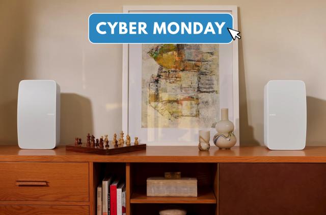 Two Sonos Five units on a counter top. A text overlay reads "Cyber Monday."
