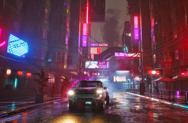 A downtown street scene from Cyberpunk 2077.