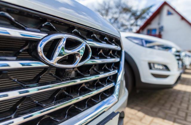 Nuremberg / Germany - April 7, 2019: Hyundai logo on a Hyundai car at a car dealer. The Hyundai Motor Company is a South Korean multinational automotive manufacturer headquartered in Seoul.