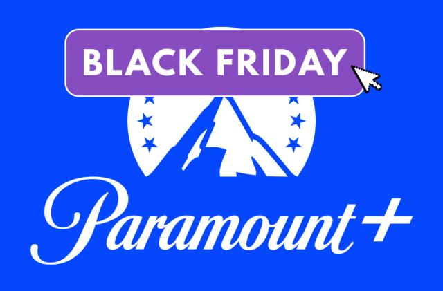 The blue and white paramount + logo has a black friday icon over it. 