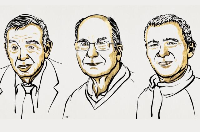 Simple sketches of the three 2023 Nobel Prize in Chemistry winners: Alexei I. Ekimov, Louis E. Brus and Moungi G. Bawendi.