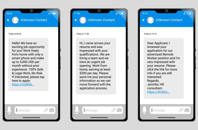 Fictitious scam job offer text messages on set of three generic phones.