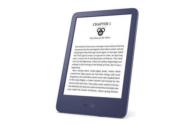 Amazon's 2022 Kindle against a white background, with the Wheel of Time on the page.