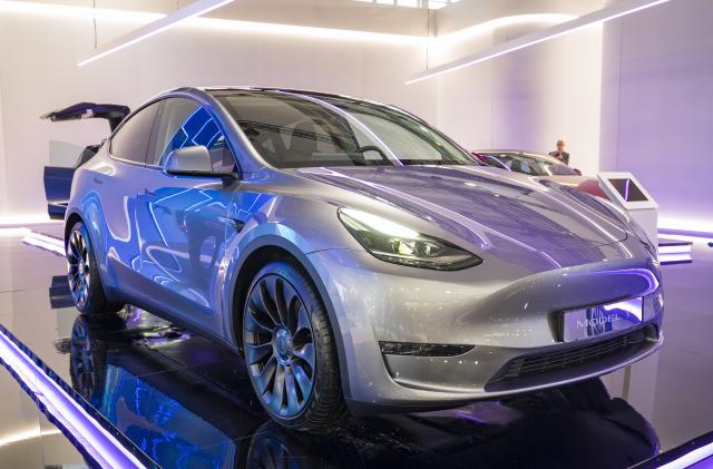 BRUSSELS, BELGIUM - JANUARY 13: Tesla Model Y full electric crossover SUV on dsipaly at Brussels Expo on January 13, 2023 in Brussels, Belgium. (Photo by Sjoerd van der Wal/Getty Images)